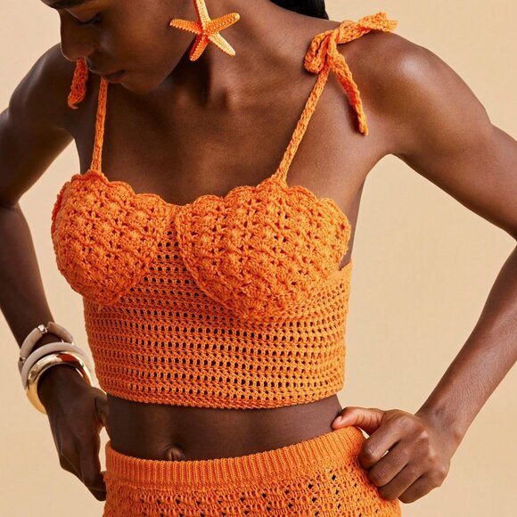 Orange Boho Women's Sexy Beach Vacation Knit Sweater